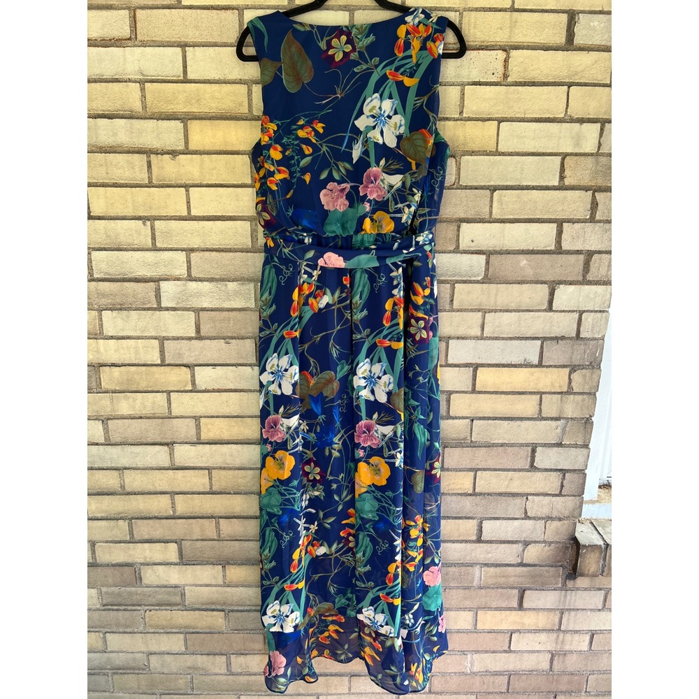 Melrose Navy Blue Floral Sleeveless Faux Wrap High-Low Maxi Dress Size 14 Large - Picture 5 of 5